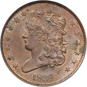 image for: 1834 Classic Head Half Cent. C-1. Rarity-1. MS-62 BN (NGC).
