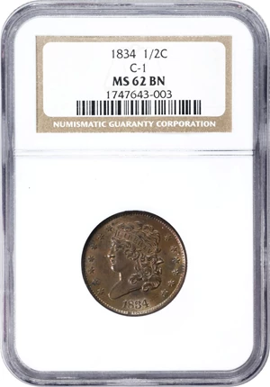 image for: 1834 Classic Head Half Cent. C-1. Rarity-1. MS-62 BN (NGC).