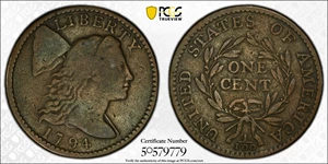 image for: 1794 Liberty Cap Cent. S-72, B-65. Rarity-2. Exact Head of 1795. Fine-12 (PCGS).