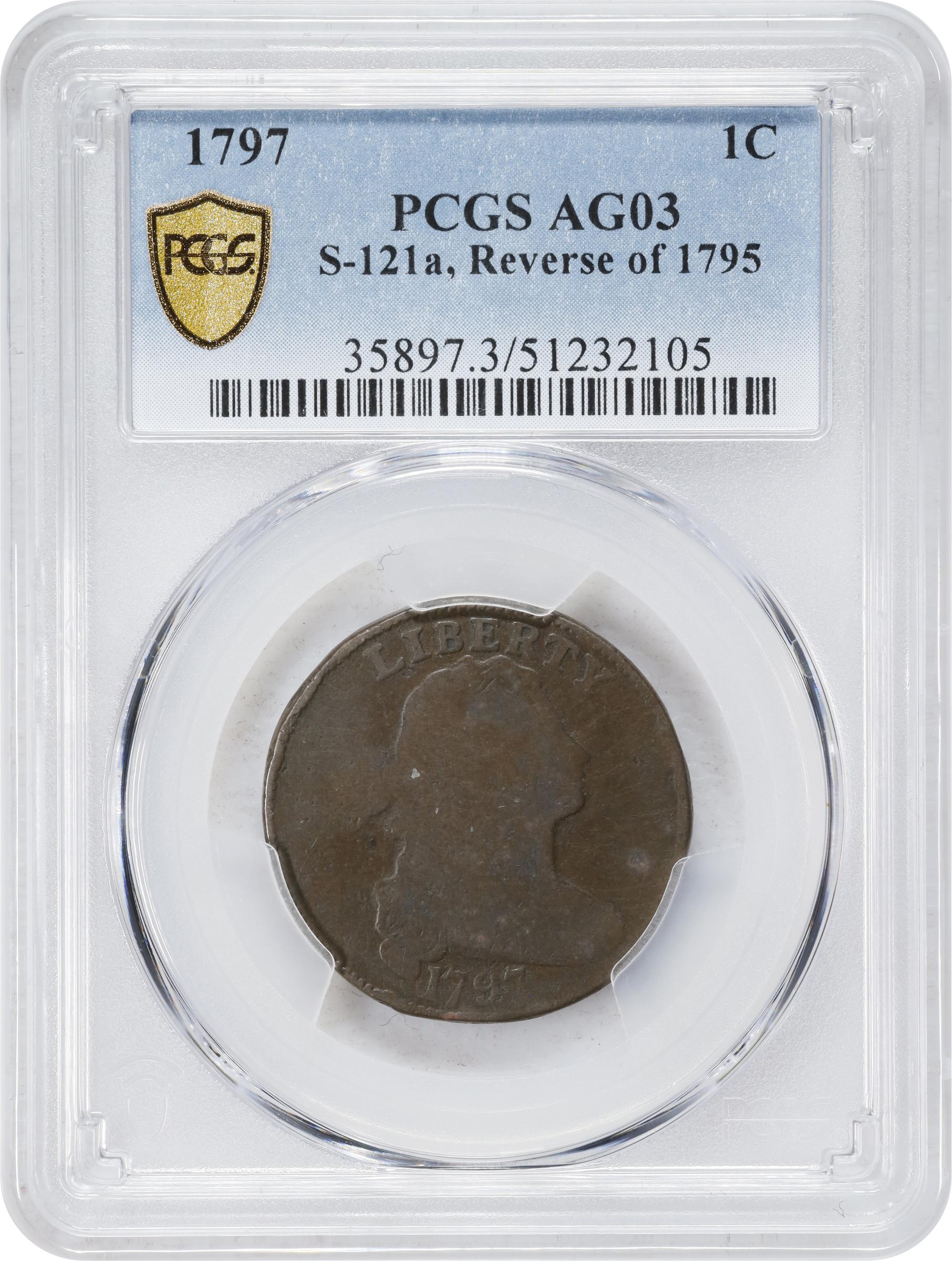 image for: 1797 Draped Bust Cent. S-121A, B-3a. Rarity-6. Reverse of 1795, Plain Edge. AG-3 (PCGS).