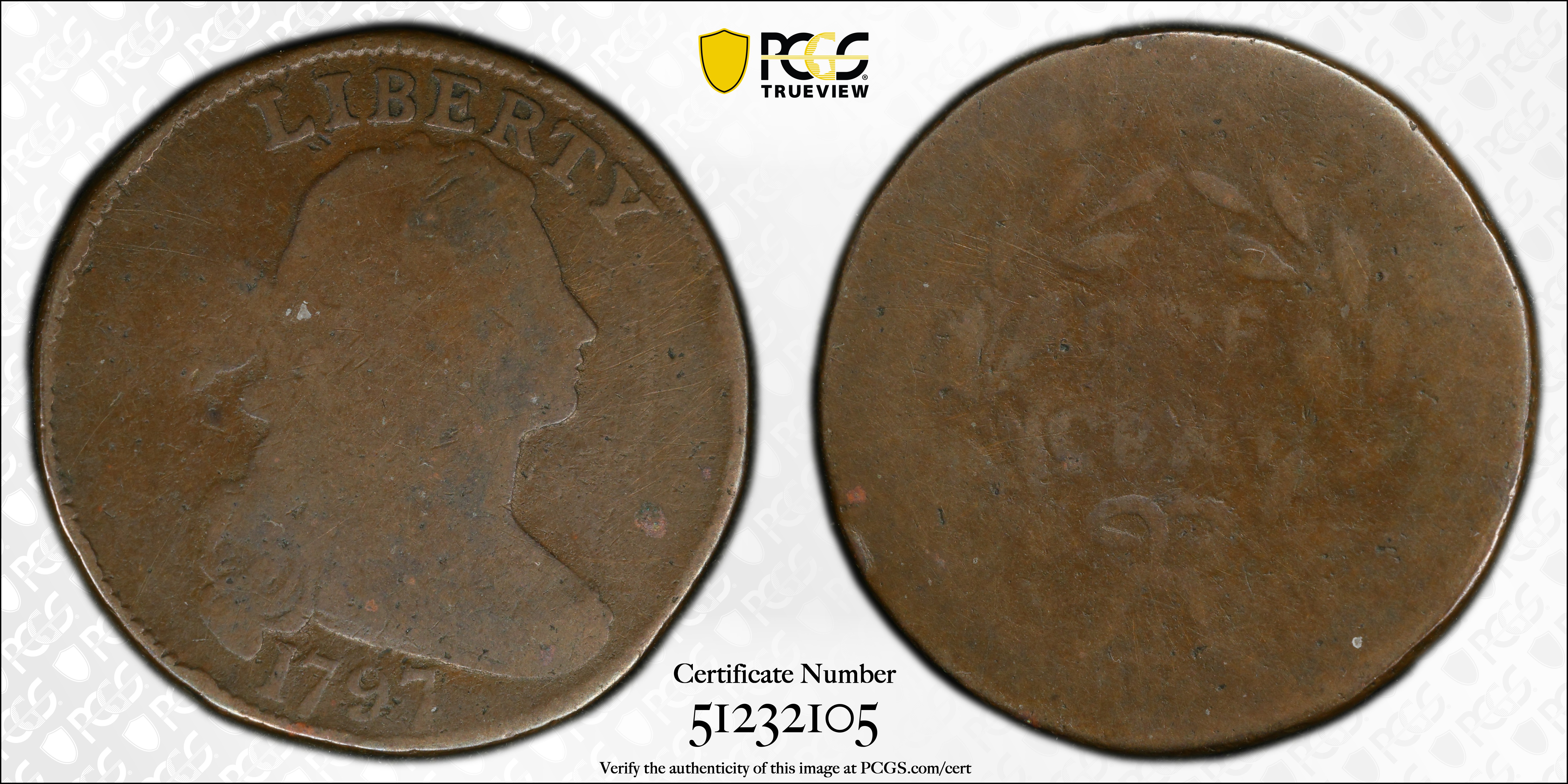 image for: 1797 Draped Bust Cent. S-121A, B-3a. Rarity-6. Reverse of 1795, Plain Edge. AG-3 (PCGS).