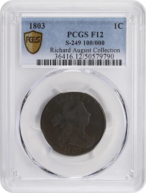 image for: 1803 Draped Bust Cent. S-249, B-7. Rarity-2. 1/100 Over 1/000. Fine-12 (PCGS).