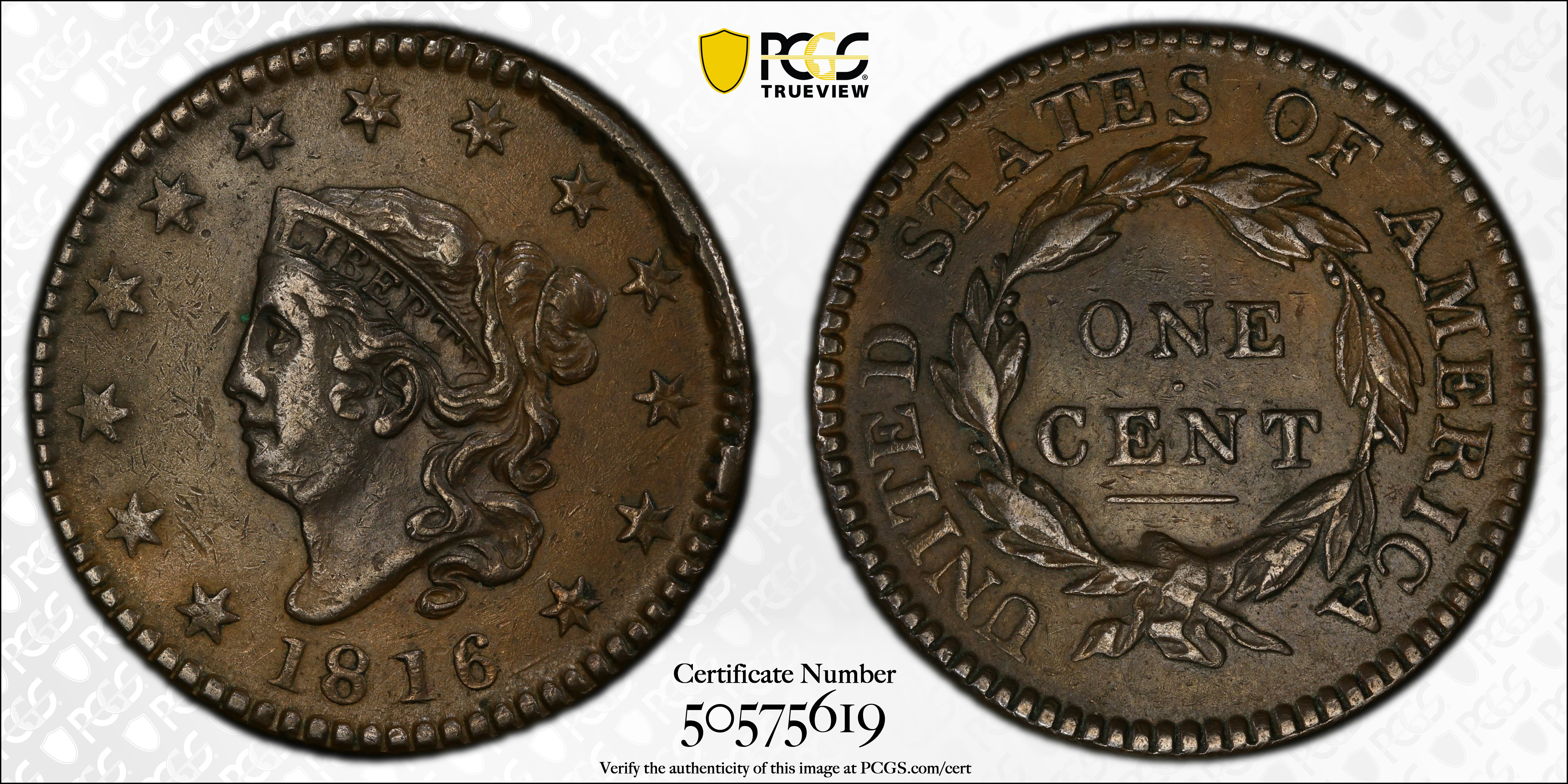 image for: 1816 Matron Head Cent. N-2. Rarity-1. AU-50 (PCGS).