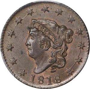 image for: 1818 Matron Head Cent. N-10. Rarity-1. MS-63 BN (PCGS).