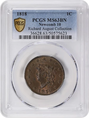 image for: 1818 Matron Head Cent. N-10. Rarity-1. MS-63 BN (PCGS).