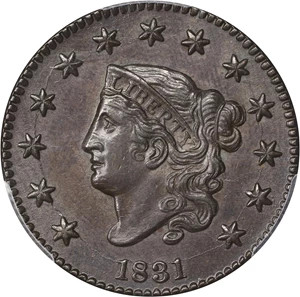 image for: 1831 Matron Head Cent. N-9. Rarity-2. Large Letters. MS-62 BN (PCGS).