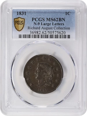 image for: 1831 Matron Head Cent. N-9. Rarity-2. Large Letters. MS-62 BN (PCGS).
