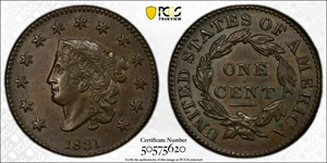 image for: 1831 Matron Head Cent. N-9. Rarity-2. Large Letters. MS-62 BN (PCGS).