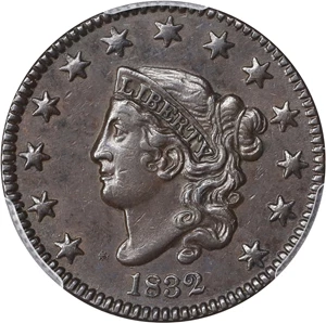 image for: 1832 Matron Head Cent. N-1. Rarity-2. Medium Letters. AU-58 (PCGS).