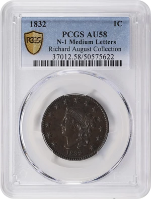 image for: 1832 Matron Head Cent. N-1. Rarity-2. Medium Letters. AU-58 (PCGS).