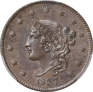 image for: 1837 Modified Matron Head Cent. N-7, 8. Rarity-1. Plain Cords, Medium Letters. MS-63 BN (PCGS).