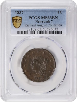 image for: 1837 Modified Matron Head Cent. N-7, 8. Rarity-1. Plain Cords, Medium Letters. MS-63 BN (PCGS).