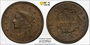 image for: 1837 Modified Matron Head Cent. N-7, 8. Rarity-1. Plain Cords, Medium Letters. MS-63 BN (PCGS).