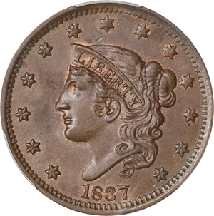 image for: 1837 Modified Matron Head Cent. N-10. Rarity-1. Head of 1838. MS-64 BN (PCGS).