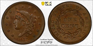 image for: 1837 Modified Matron Head Cent. N-10. Rarity-1. Head of 1838. MS-64 BN (PCGS).