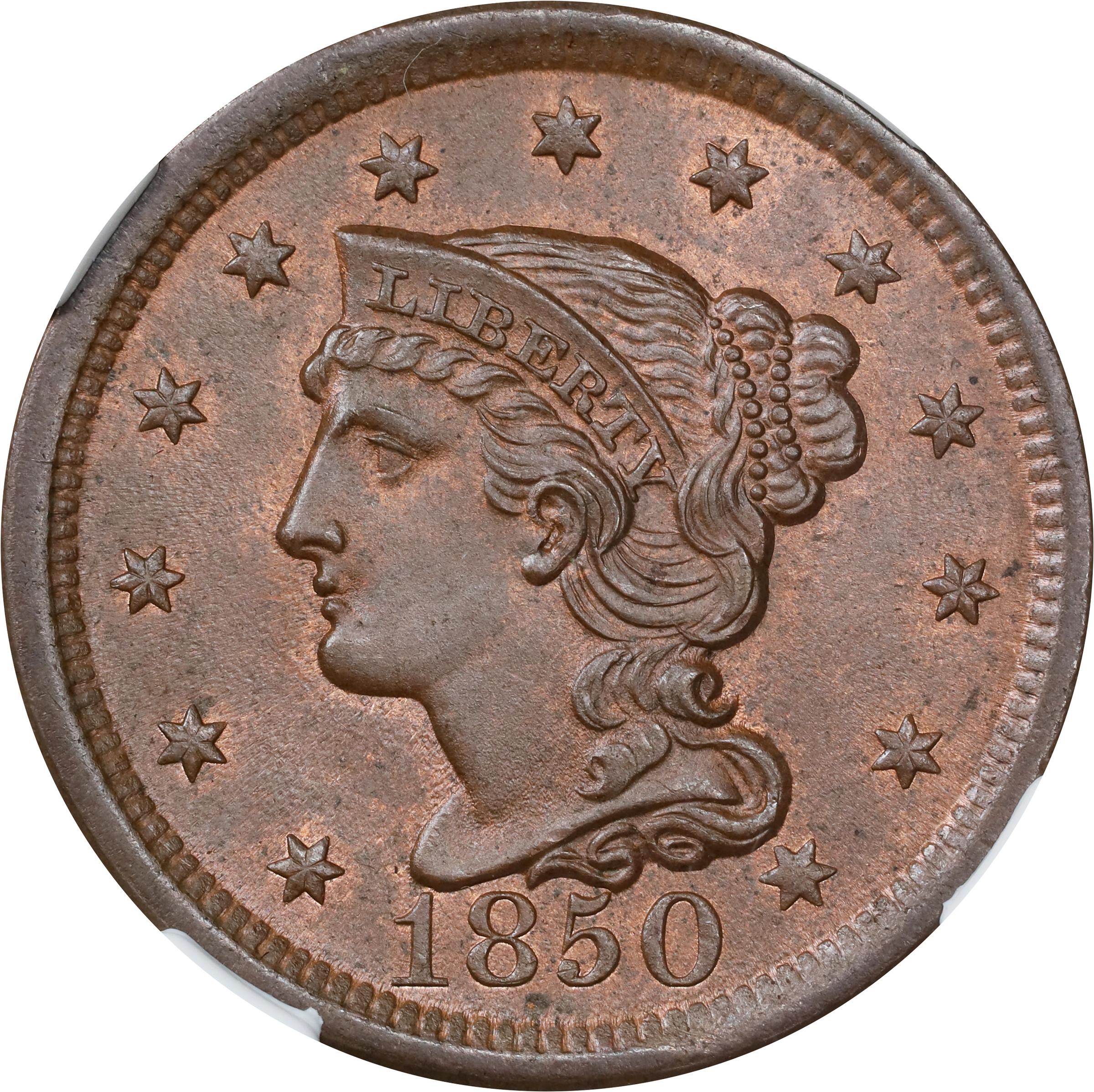 image for: 1850 Braided Hair Cent. N-7. Rarity-2. MS-65 BN (NGC).