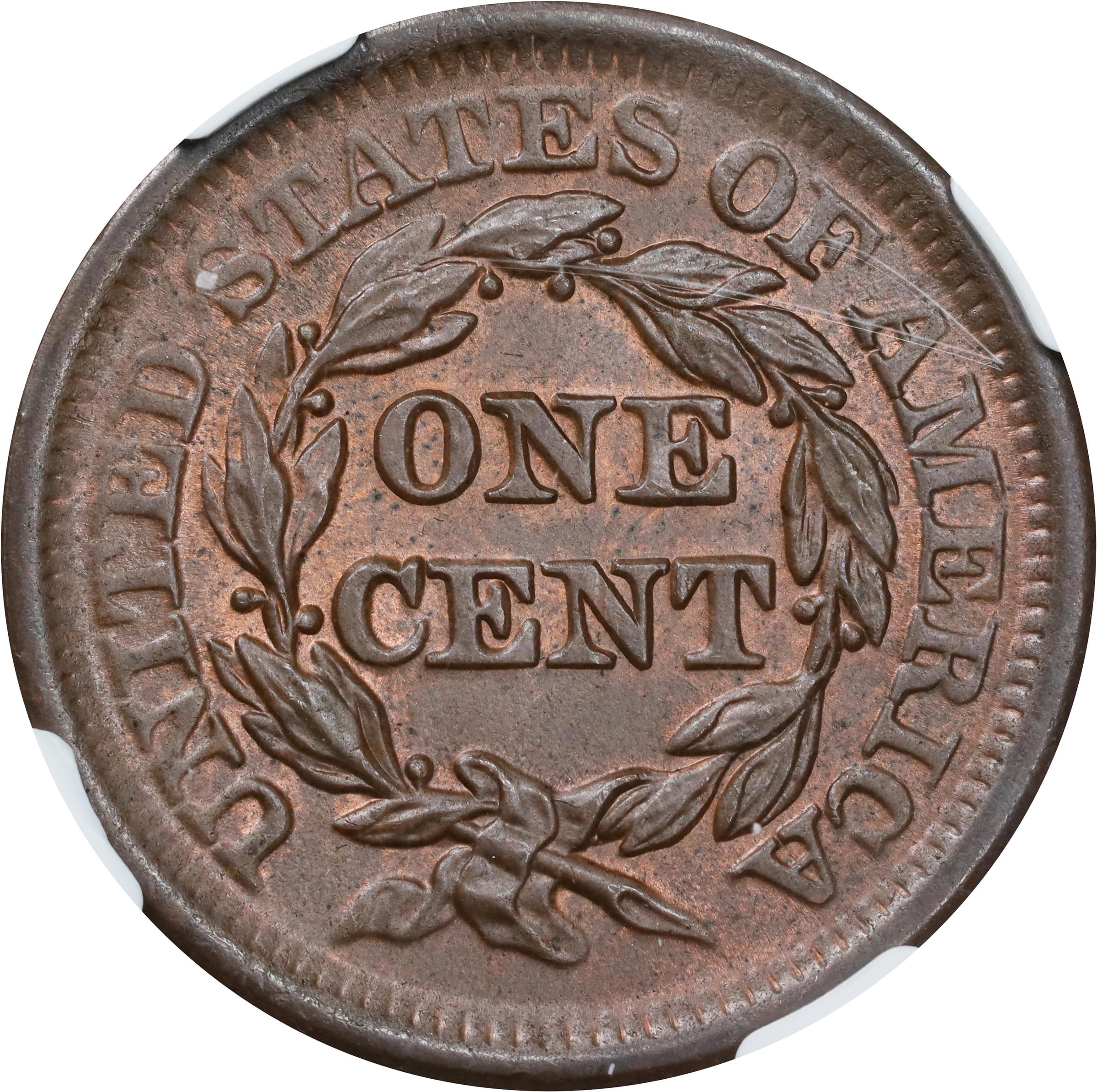 image for: 1850 Braided Hair Cent. N-7. Rarity-2. MS-65 BN (NGC).
