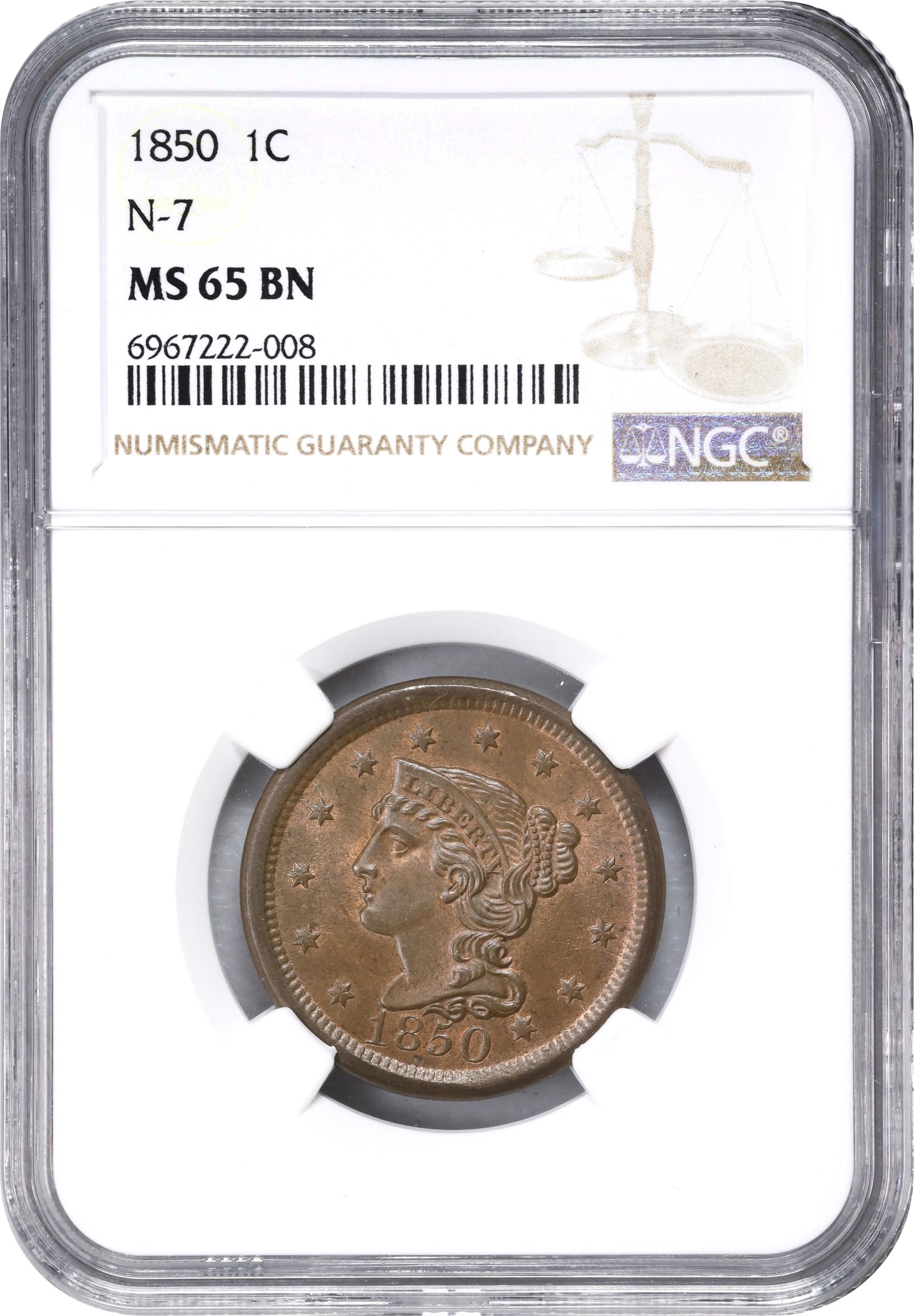 image for: 1850 Braided Hair Cent. N-7. Rarity-2. MS-65 BN (NGC).