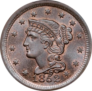 image for: 1852 Braided Hair Cent. N-3. Rarity-1. MS-65 BN (PCGS).