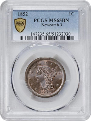 image for: 1852 Braided Hair Cent. N-3. Rarity-1. MS-65 BN (PCGS).