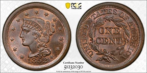 image for: 1852 Braided Hair Cent. N-3. Rarity-1. MS-65 BN (PCGS).