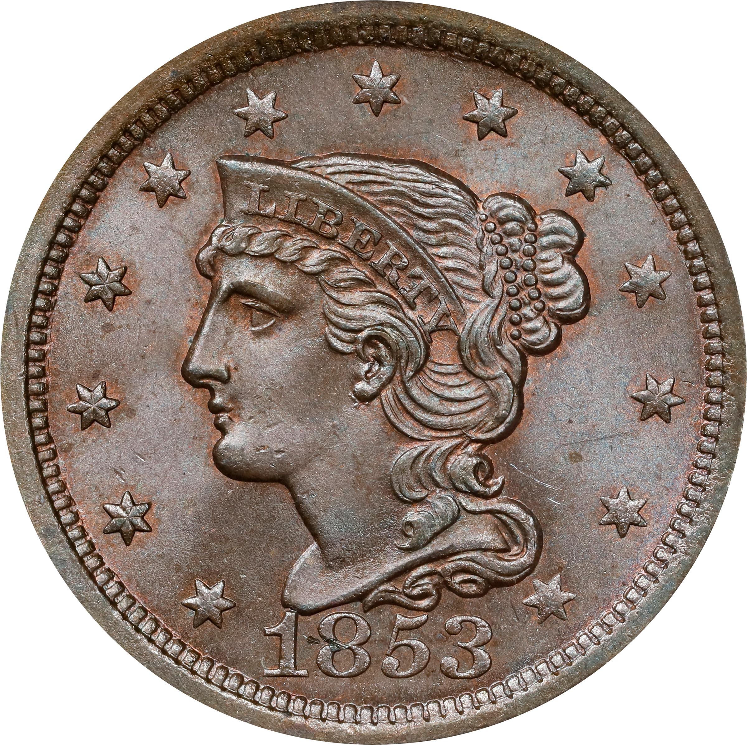 image for: 1853 Braided Hair Cent. N-12. Rarity-1. MS-65 BN (PCGS).