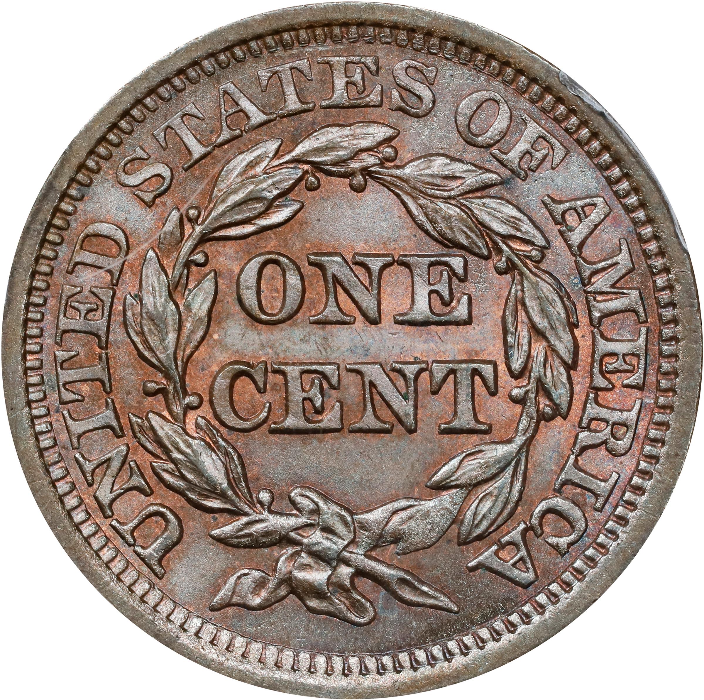 image for: 1853 Braided Hair Cent. N-12. Rarity-1. MS-65 BN (PCGS).