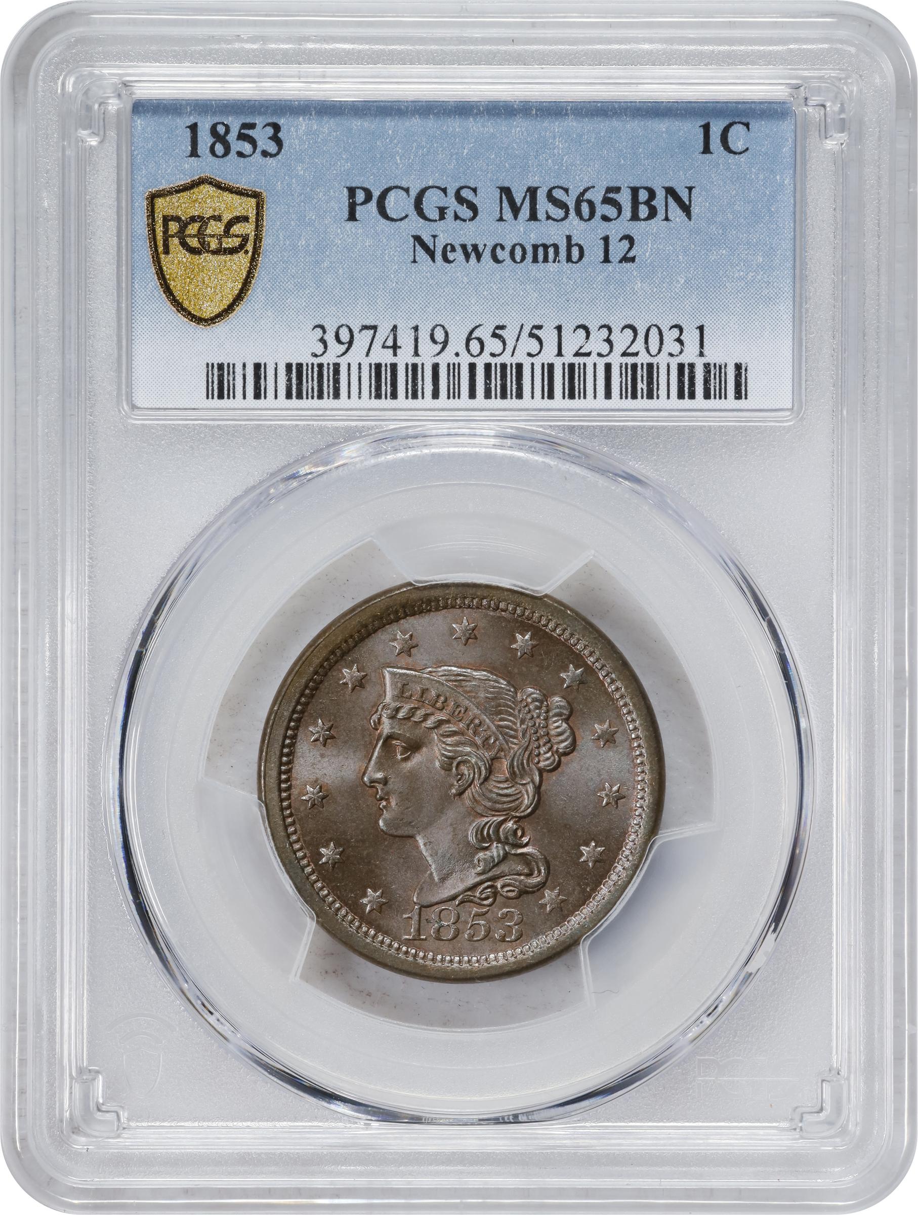 image for: 1853 Braided Hair Cent. N-12. Rarity-1. MS-65 BN (PCGS).