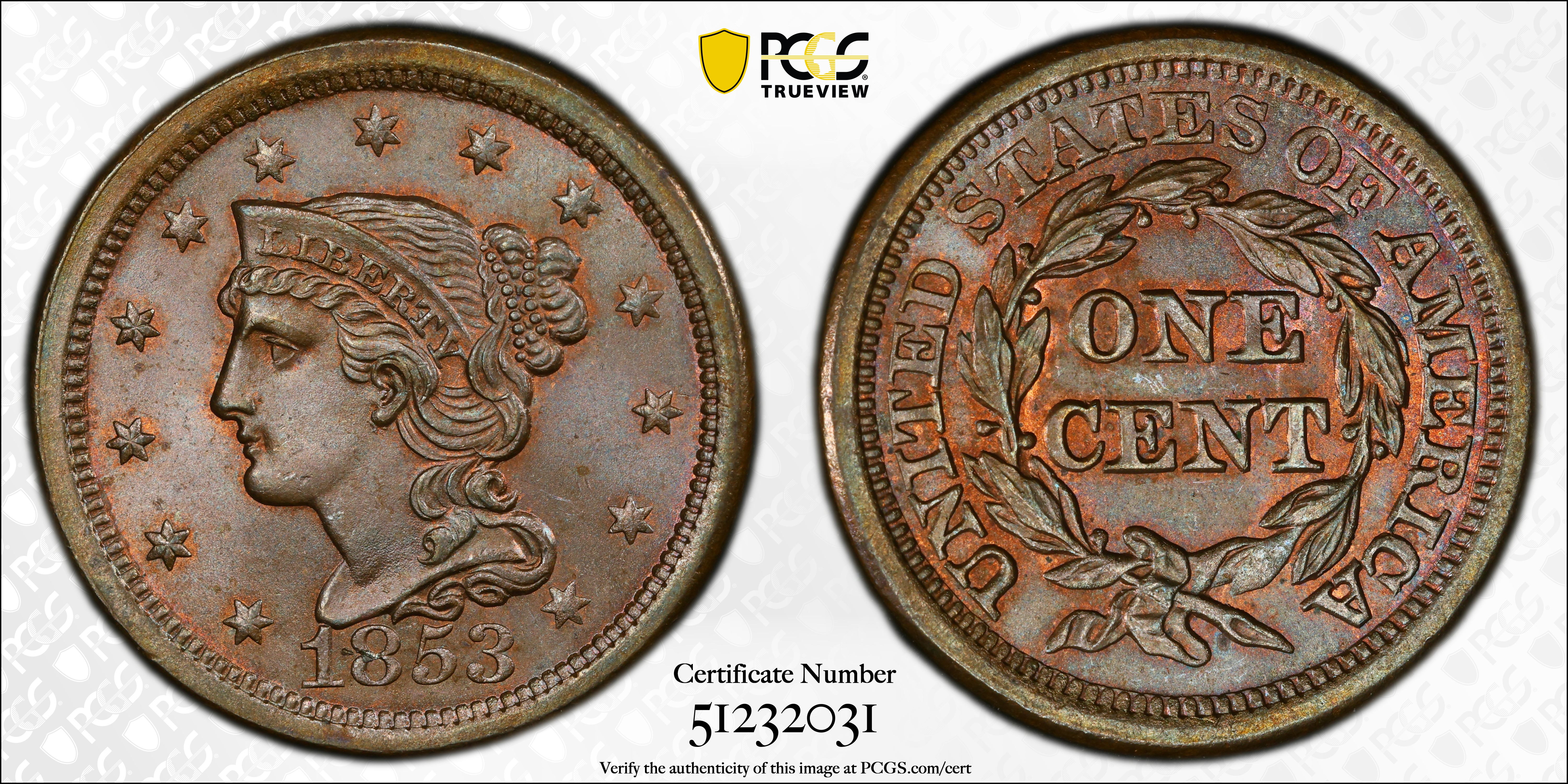 image for: 1853 Braided Hair Cent. N-12. Rarity-1. MS-65 BN (PCGS).