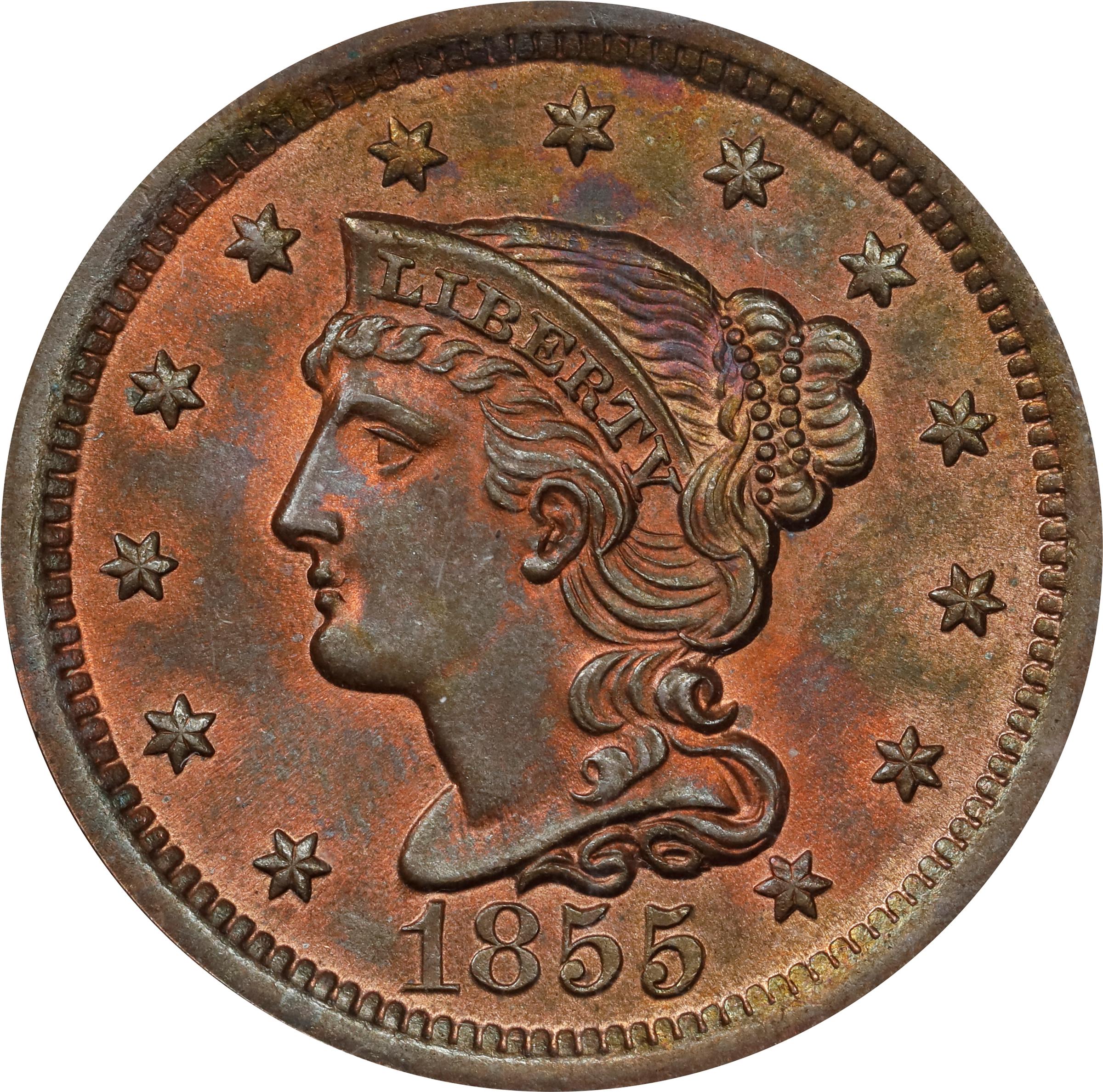 image for: 1855 Braided Hair Cent. N-12. Rarity-1. Upright 5s. MS-65 RB (ANACS).