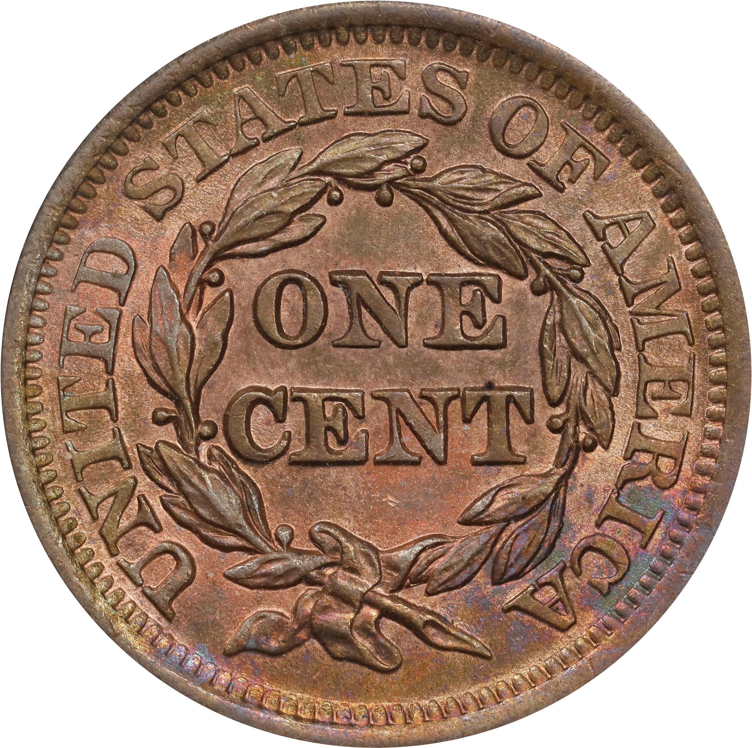image for: 1855 Braided Hair Cent. N-12. Rarity-1. Upright 5s. MS-65 RB (ANACS).