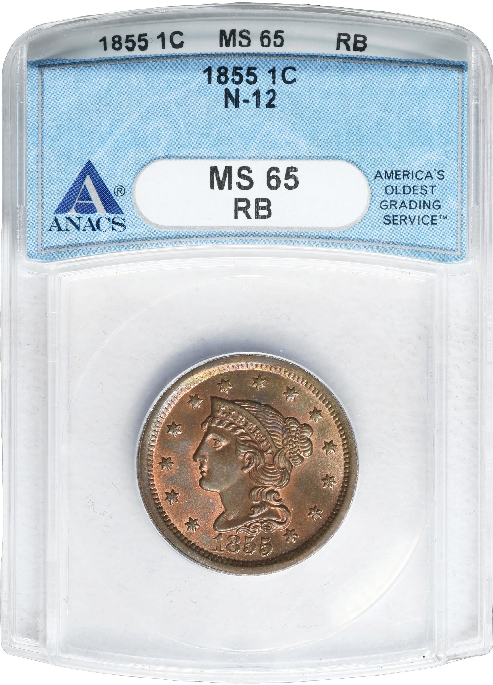 image for: 1855 Braided Hair Cent. N-12. Rarity-1. Upright 5s. MS-65 RB (ANACS).