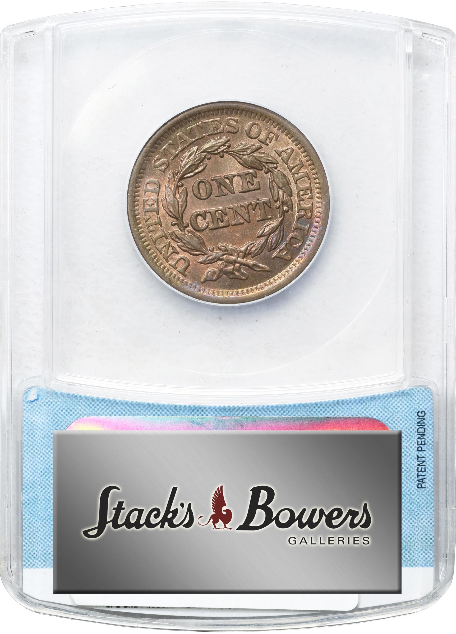 image for: 1855 Braided Hair Cent. N-12. Rarity-1. Upright 5s. MS-65 RB (ANACS).