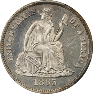 image for: 1865 Liberty Seated Dime. Proof-63 Cameo (PCGS).