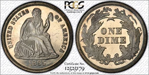 image for: 1865 Liberty Seated Dime. Proof-63 Cameo (PCGS).