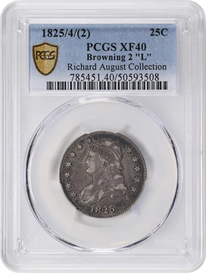 image for: 1825/4/2 Capped Bust Quarter. B-2. Rarity-2. L Counterstamp. EF-40 (PCGS).