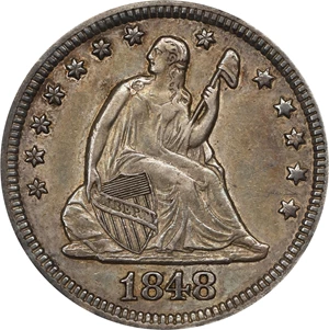 image for: 1848 Liberty Seated Quarter. Repunched Date. AU-53 (PCGS).