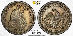 image for: 1848 Liberty Seated Quarter. Repunched Date. AU-53 (PCGS).