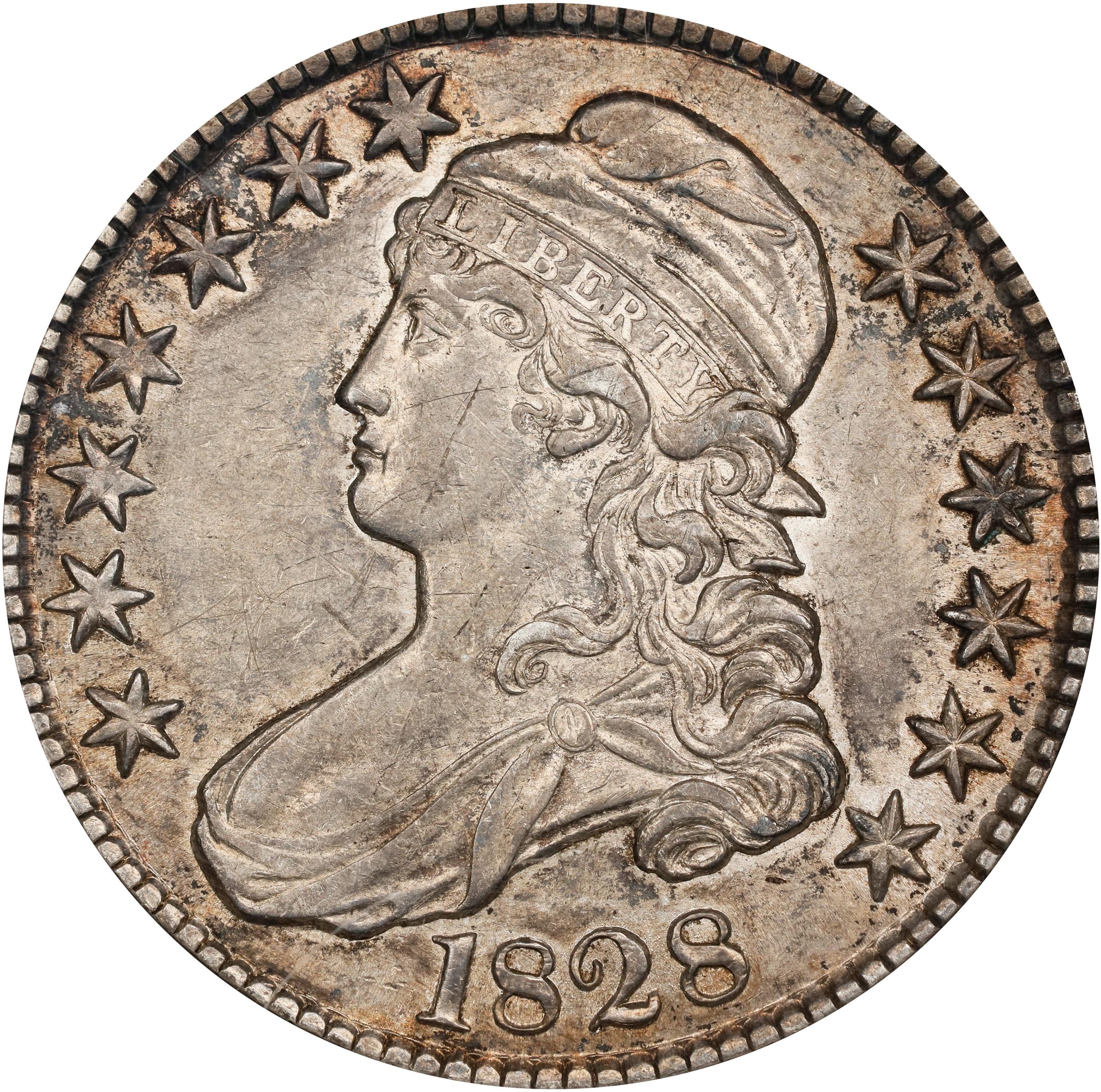 image for: 1828 Capped Bust Half Dollar. O-103. Rarity-2. Curl Base No Knob 2. AU-50 (ANACS). OH.