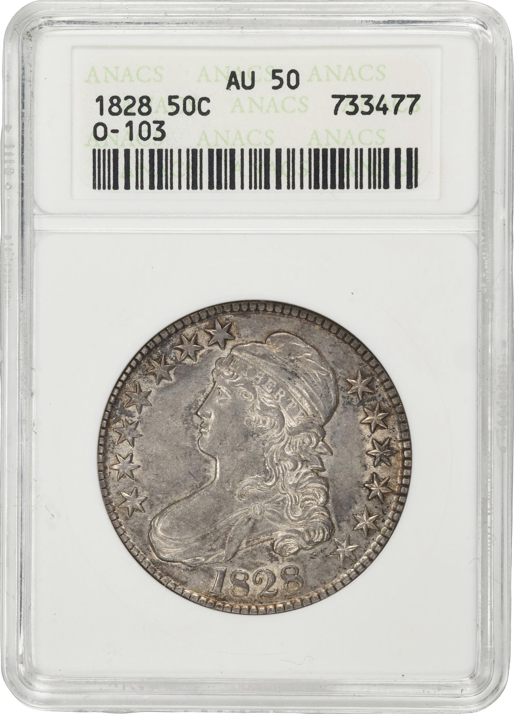 image for: 1828 Capped Bust Half Dollar. O-103. Rarity-2. Curl Base No Knob 2. AU-50 (ANACS). OH.