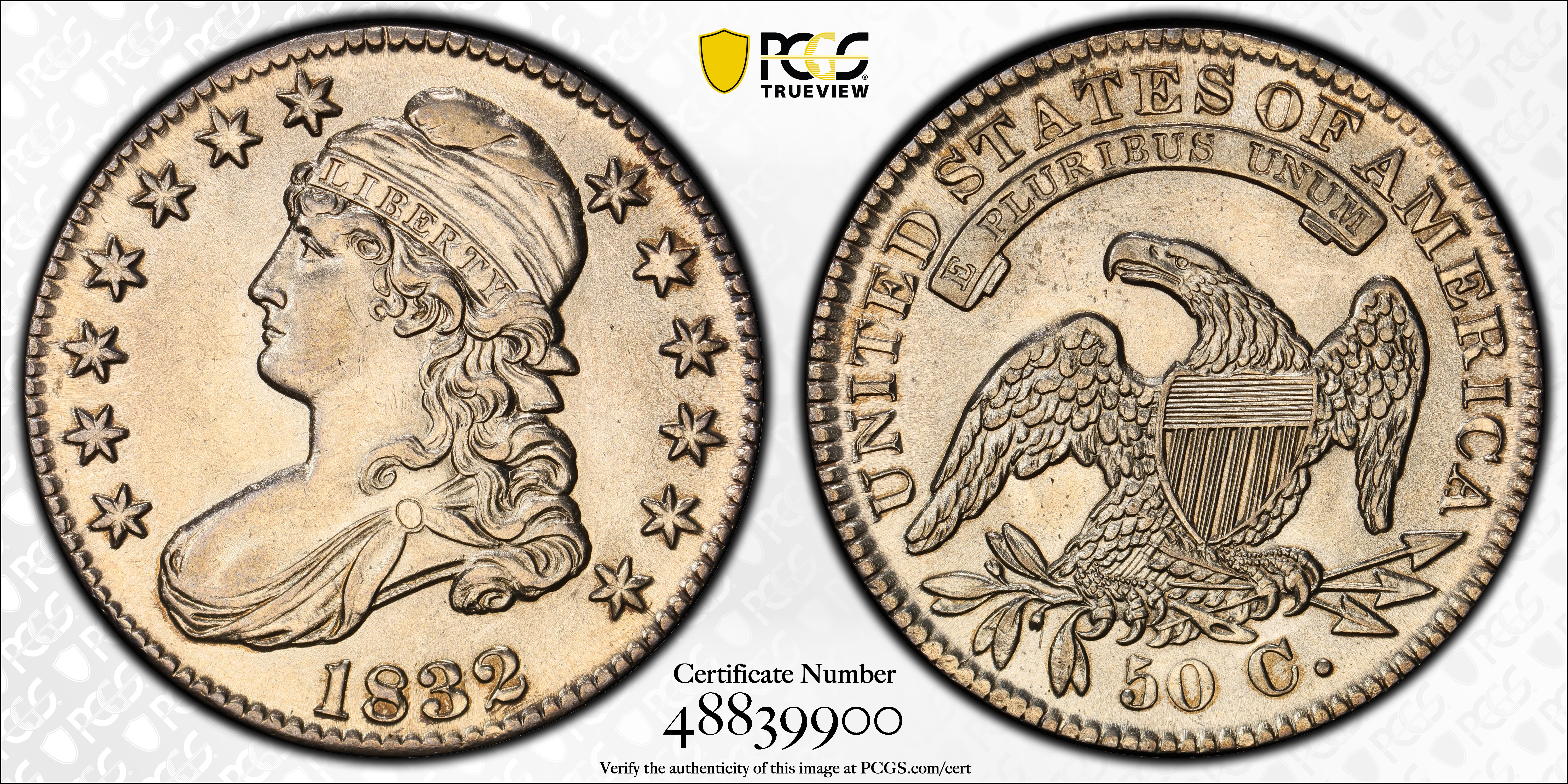 image for: 1832 Capped Bust Half Dollar. O-103. Rarity-1. Small Letters. AU-58 (PCGS).