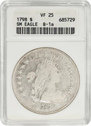 image for: 1798 Draped Bust Silver Dollar. Small Eagle. BB-82, B-1. Rarity-3. 13 Stars on Obverse. VF-25 (ANACS). OH.