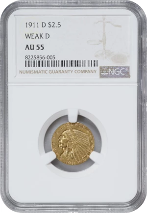 image for: 1911-D Indian Quarter Eagle. Weak D. AU-55 (NGC).