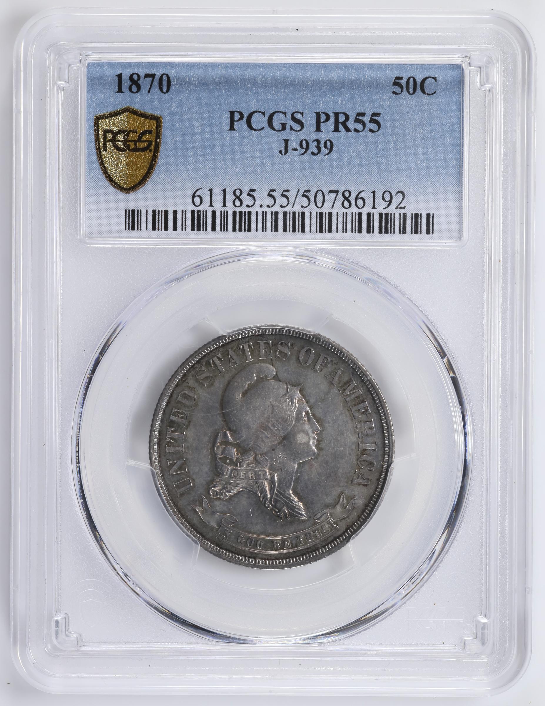 image for: 1870 Pattern Half Dollar. Judd-939, Pollock-1066. Rarity-5. Silver. Reeded Edge. Proof-55 (PCGS).