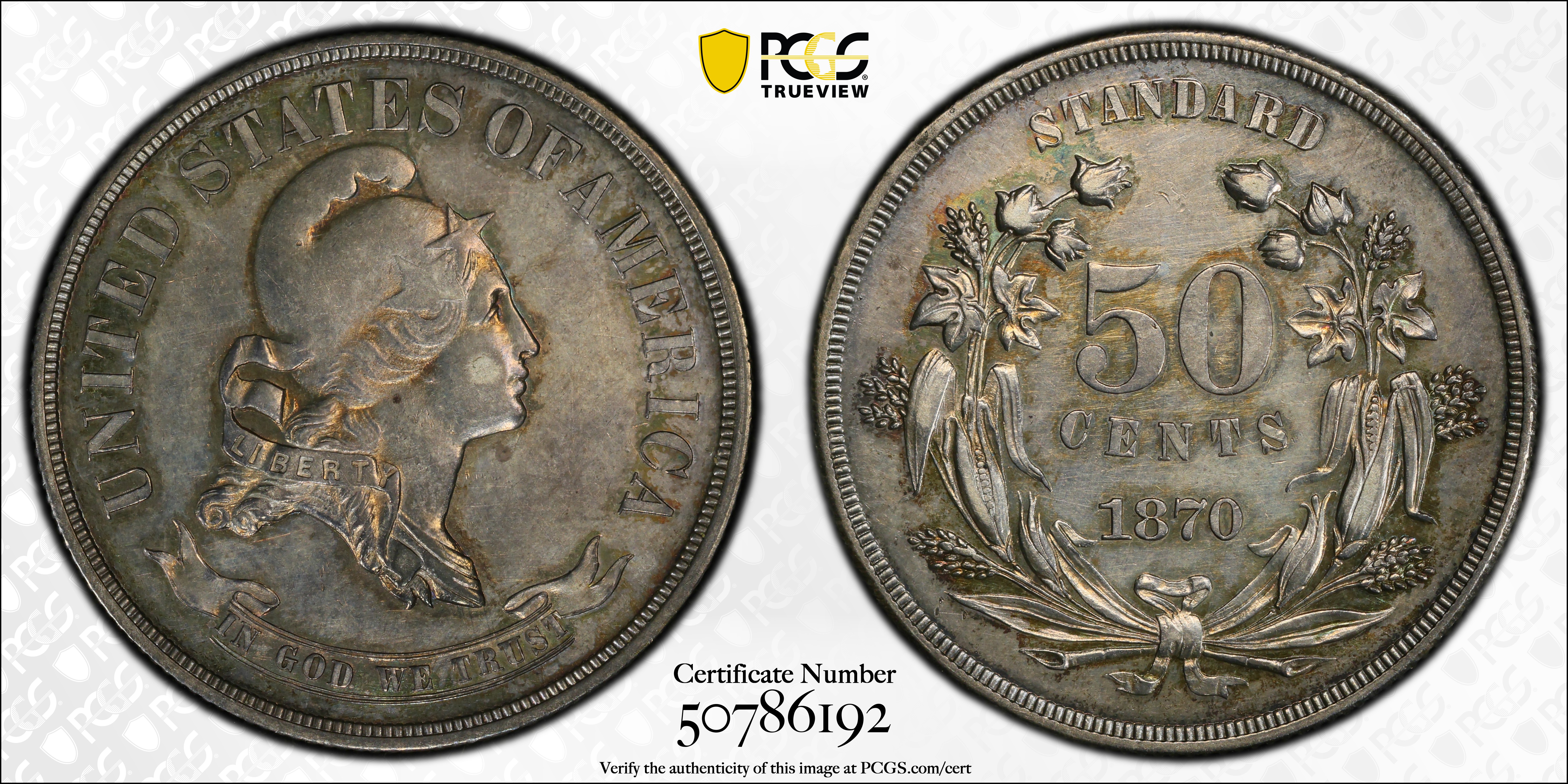 image for: 1870 Pattern Half Dollar. Judd-939, Pollock-1066. Rarity-5. Silver. Reeded Edge. Proof-55 (PCGS).