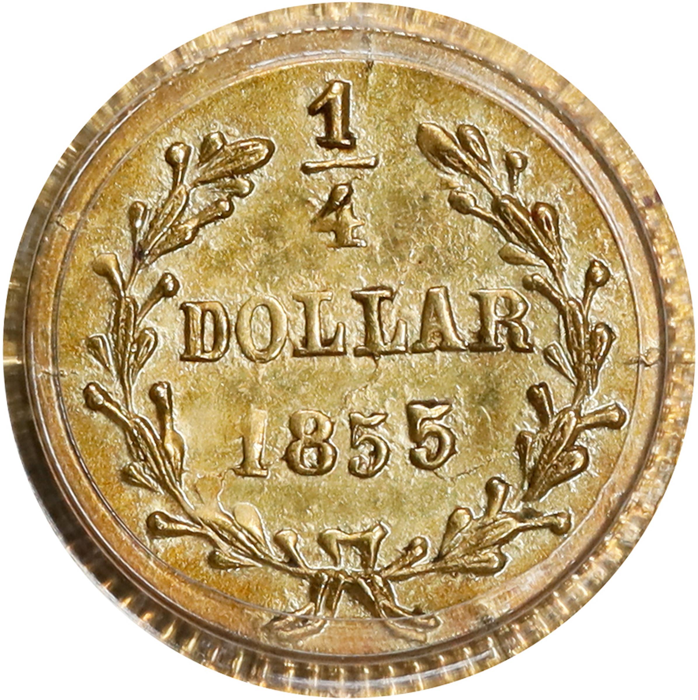 image for: 1855 Round 25 Cents. BG-226. Rarity-5. Liberty Head. MS-62 (PCGS).