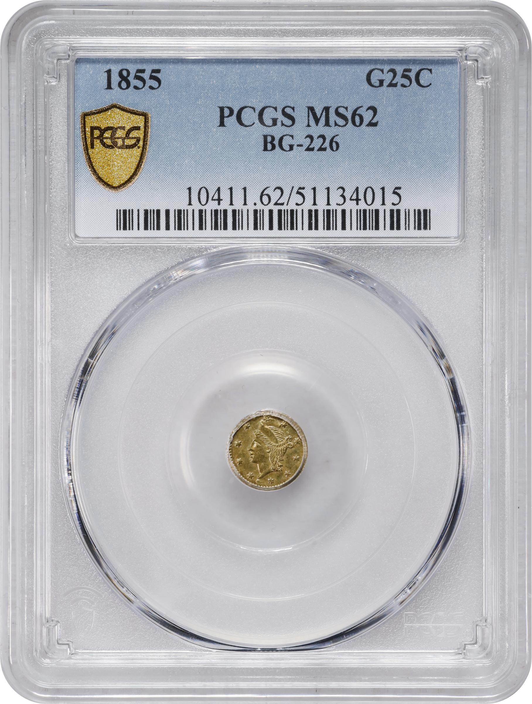 image for: 1855 Round 25 Cents. BG-226. Rarity-5. Liberty Head. MS-62 (PCGS).