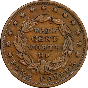 image for: 1837 Half Cent. HT-73, Low-49, W-11-710a. Rarity-1. Copper. Plain Edge. VF-25 (PCGS).