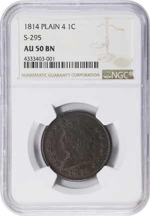 image for: 1814 Classic Head Cent. S-295, B-2. Rarity-1. Plain 4. AU-50 BN (NGC).