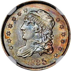 image for: 1835 Capped Bust Half Dime. LM-6, V-9. Rarity-2. Large Date, Small 5 C. Unc Details--Cleaned (NGC).